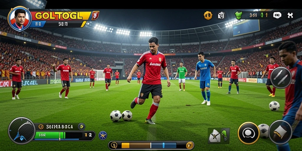 Tampilan gameplay nyata GOLTOGEL dengan aksi sepak bola yang mendebarkan.