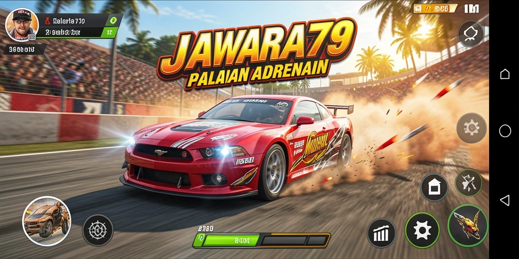 Tampilan gameplay JAWARA79 dengan aksi balapan yang mendebarkan.