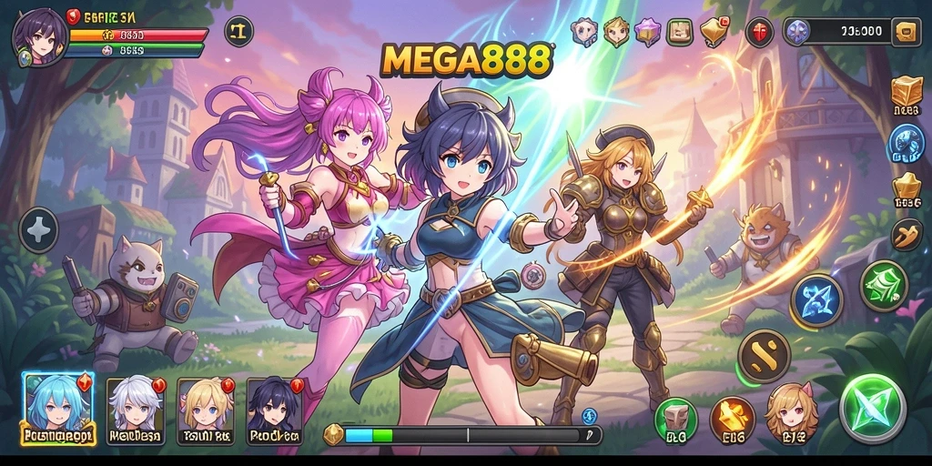 Screenshot MEGA888 menampilkan karakter anime dalam aksi dinamis.